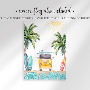 A single watercolor spacer flag displays a yellow vintage camper van with a surfboard on top, flanked by palm trees, sand, and blue ocean waves.