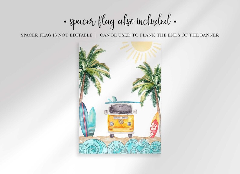 A single watercolor spacer flag displays a yellow vintage camper van with a surfboard on top, flanked by palm trees, sand, and blue ocean waves.