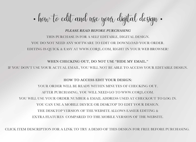 Informational text instructing buyers on how to access, edit, and use their self-editable digital design.