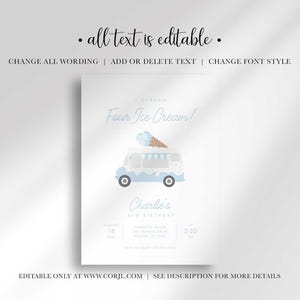 Editability disclaimer graphic reading "all text is editable" with options to change all wording, add or delete text, and change font style, plus a note that the design is editable only at www.corjl.com, shown above the invitation design.