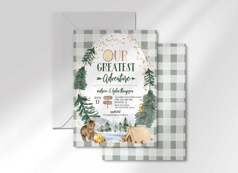 Andrew and Lydia's camping-themed invitation layered in front of its matching envelope and a second card showing the sage green plaid back design.