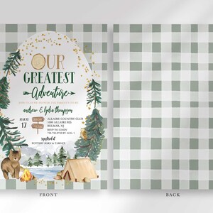 Front and back view of the invitation: the front shows the camping-themed baby shower details, and the back shows a sage green plaid pattern.