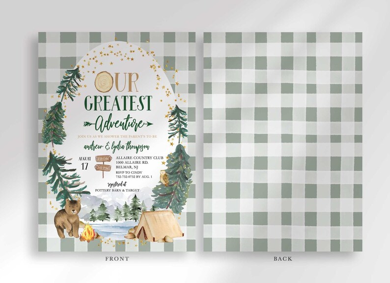 Front and back view of the invitation: the front shows the camping-themed baby shower details, and the back shows a sage green plaid pattern.