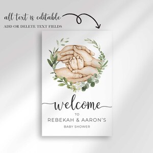 Welcome To Rebekah & Aaron's Baby Shower sign shown with a disclaimer: all text is editable, add or delete text fields.