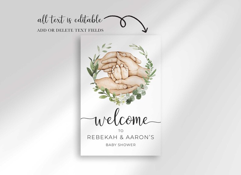 Welcome To Rebekah & Aaron's Baby Shower sign shown with a disclaimer: all text is editable, add or delete text fields.