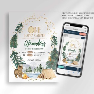 An explainer graphic reading "edit online in your web browser, then print and mail or send digitally via text or email" with Alexander's invitation shown on a smartphone screen.