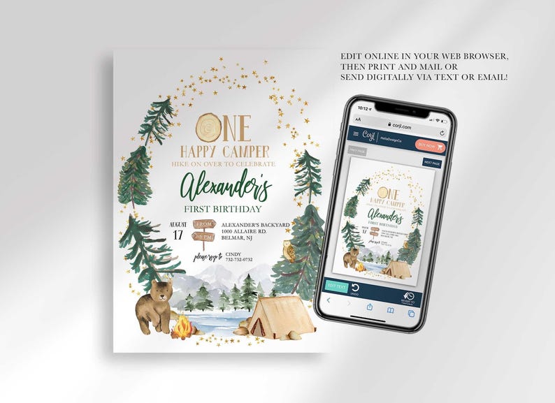 An explainer graphic reading "edit online in your web browser, then print and mail or send digitally via text or email" with Alexander's invitation shown on a smartphone screen.