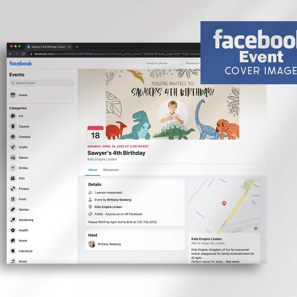 Editable Facebook Event Page Cover Photo for Dinosaur Birthday | Instant Digital Download | Edit Yourself