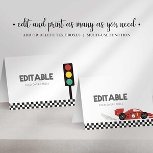 Two white folded tent cards featuring checkered borders, editable text, a traffic light graphic, and a red race car graphic.