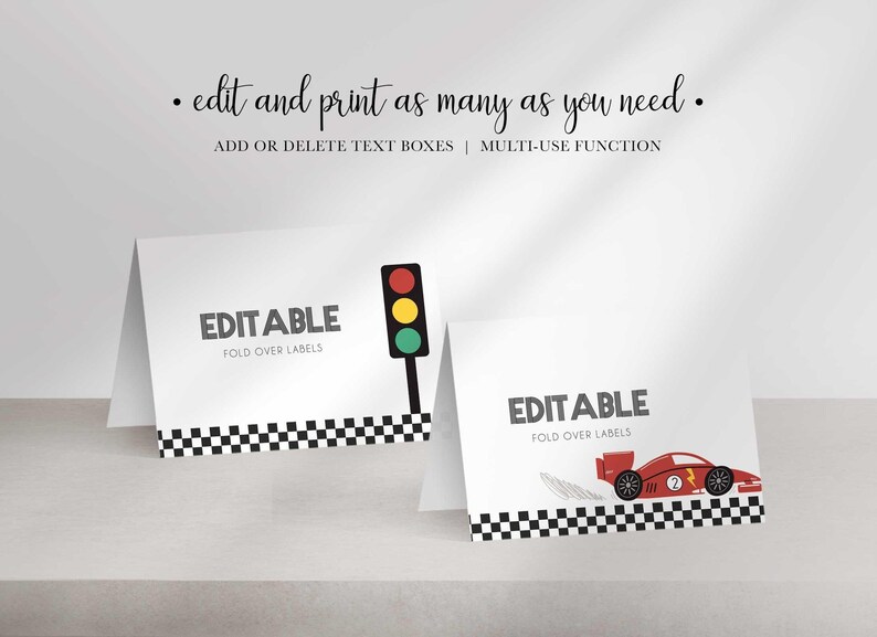 Two white folded tent cards featuring checkered borders, editable text, a traffic light graphic, and a red race car graphic.