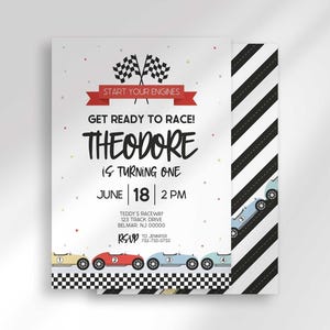 Invitation card angled in front of the matching black and white diagonal racing-stripe back.