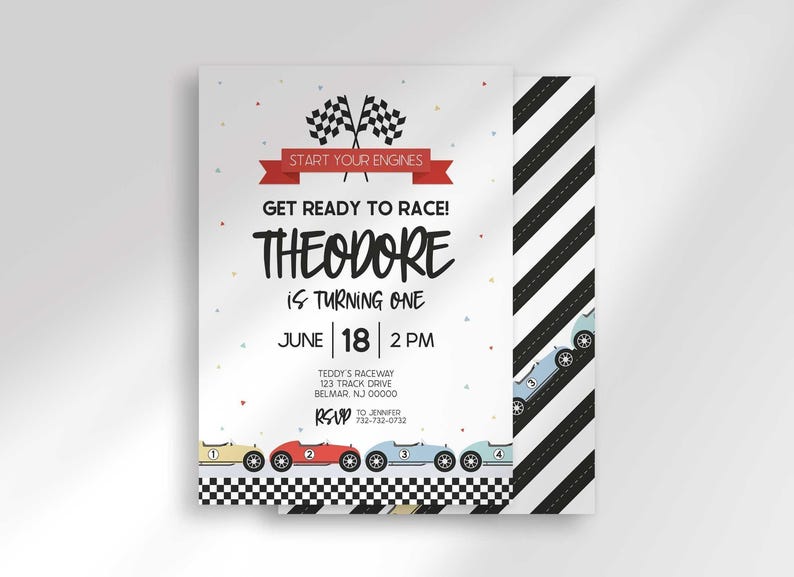 Invitation card angled in front of the matching black and white diagonal racing-stripe back.