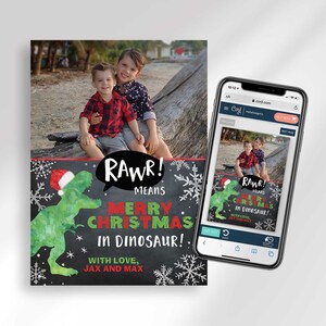 A Christmas card template next to a smartphone displaying the same card design on a browser screen.