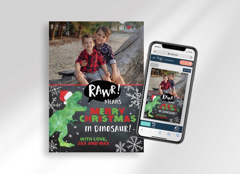 A Christmas card template next to a smartphone displaying the same card design on a browser screen.