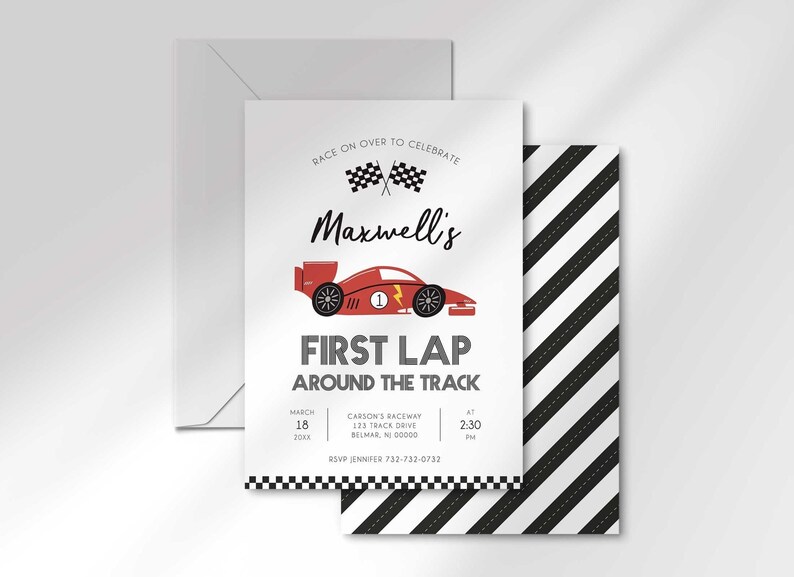 Maxwell's race car-themed invitation layered in front of its matching envelope and a second card showing a black and white diagonal road-stripe back design.