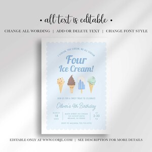 Infographic noting all text on the Four Ice Cream invitation is editable, including wording, added or deleted text, and font style, edited only at Corjl.com.