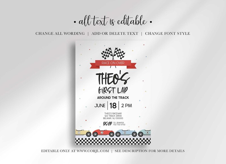editable race car birthday invitation