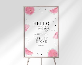Plantilla de cartel de bienvenida para baby shower con diseño de sandía (descarga digital)