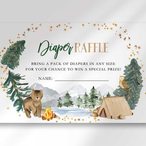 Printable diaper raffle card reading Diaper Raffle, bring a pack of diapers in any size for your chance to win a special prize, with a blank name line, on a plain white background with a woodland camping scene of a bear, campfire, tent, owl, pine trees, and mountains, and gold star accents.