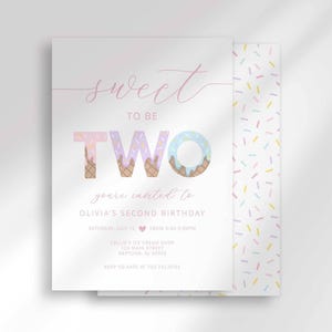 Ice cream-themed second birthday invitation for Olivia reading 'Sweet to be TWO, you're invited to Olivia's second birthday' with illustrated ice cream cones forming the word 'TWO,' layered with a second card showing a pastel sprinkle pattern back design.