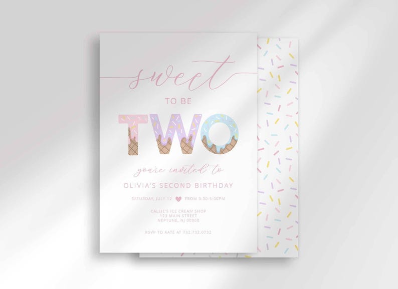 Ice cream-themed second birthday invitation for Olivia reading 'Sweet to be TWO, you're invited to Olivia's second birthday' with illustrated ice cream cones forming the word 'TWO,' layered with a second card showing a pastel sprinkle pattern back design.