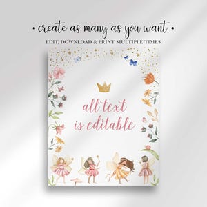 The same fairy sign design featuring the text all text is editable, with instructional heading text above the poster.