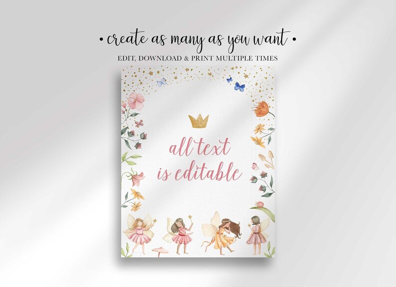 The same fairy sign design featuring the text all text is editable, with instructional heading text above the poster.