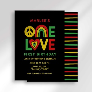 Puede incluir: Tarjeta de invitación negra con el texto "MARLEE'S ONE LOVE FIRST BIRTHAY". El diseño incluye un símbolo de la paz, un arcoíris y un corazón en amarillo, verde y rojo. La invitación también incluye detalles del evento.