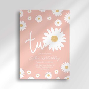 Daisy-themed second birthday invitation in pink with a white daisy pattern, reading 'TWO' for Callie's 2nd birthday, with the party date, time, and location.
