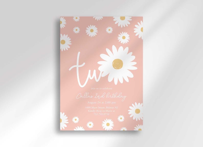 Daisy-themed second birthday invitation in pink with a white daisy pattern, reading 'TWO' for Callie's 2nd birthday, with the party date, time, and location.