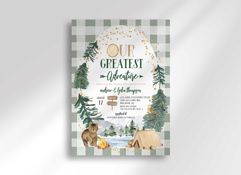 Camping-themed baby shower invitation on a sage green plaid background with illustrated pine trees, a bear, a tent, and a campfire scene, reading "Our Greatest Adventure, join us as we shower the parents-to-be, Andrew & Lydia Thompson" with the party date, time, and location.