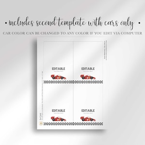 A letter-sized template displaying four identical editable food label designs featuring a red race car and checkered border.