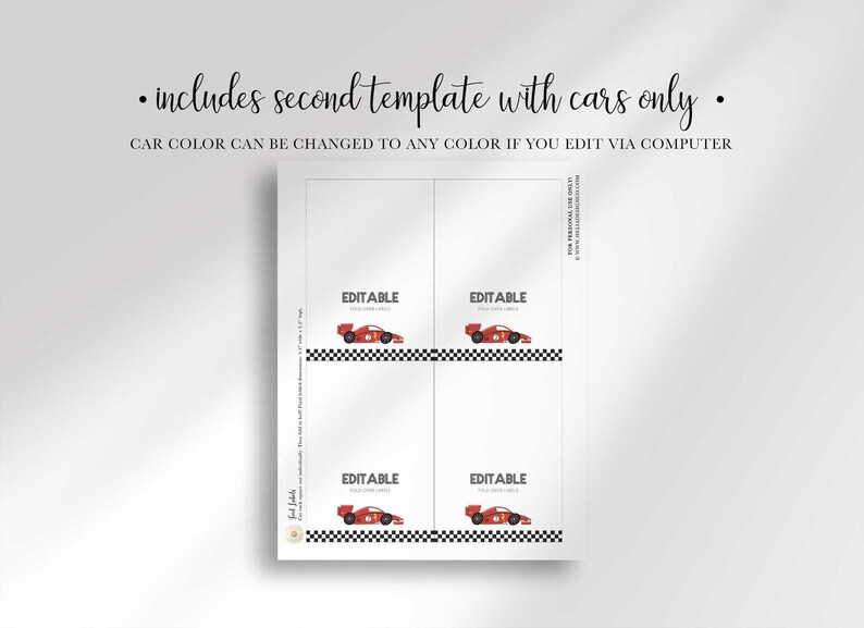 A letter-sized template displaying four identical editable food label designs featuring a red race car and checkered border.