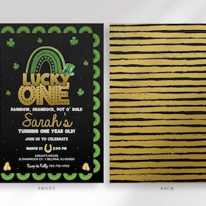 Front and back card mockup labeled "FRONT" and "BACK": front shows the full "Lucky One" St. Patrick's Day first birthday invitation design on black, back shows a coordinating black and gold striped pattern.