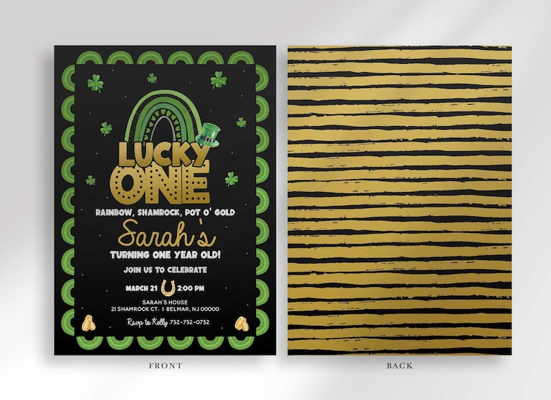 Front and back card mockup labeled "FRONT" and "BACK": front shows the full "Lucky One" St. Patrick's Day first birthday invitation design on black, back shows a coordinating black and gold striped pattern.