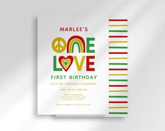 One Love Reggae First Birthday Invitation,  Peace Love Rasta Theme Party Invite