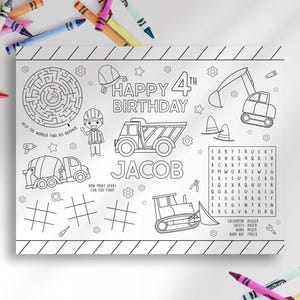 Personalized Construction Truck Birthday Placemat Coloring Page Print Yourself (Digital Download)