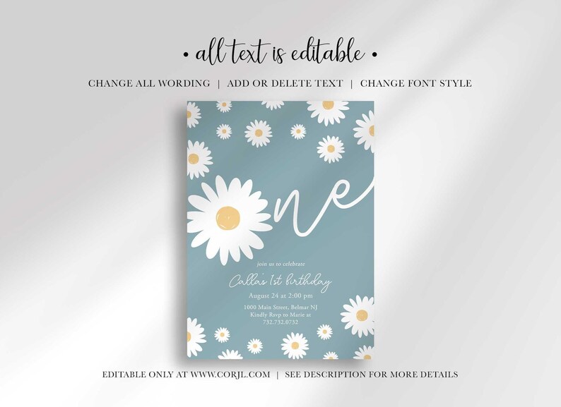 Graphic explaining that all text on the invitation is editable, with options to change wording, add or delete text, and change font style, noting it is editable only at Corjl.com.