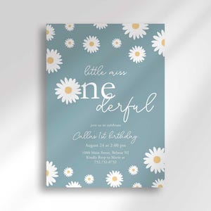 Daisy-themed first birthday invitation in dusty blue with a white daisy pattern, reading 'Little Miss ONEderful' for Callie's 1st birthday, with the party date, time, and location.