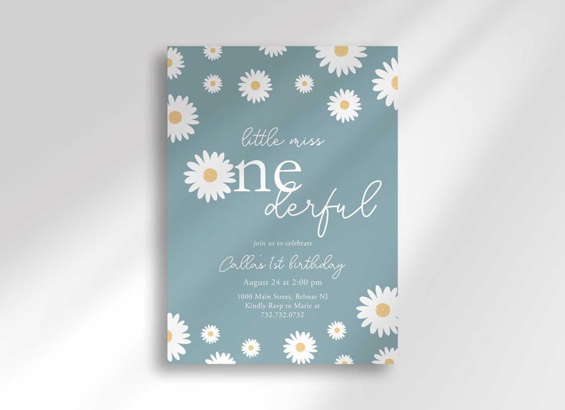 Daisy-themed first birthday invitation in dusty blue with a white daisy pattern, reading 'Little Miss ONEderful' for Callie's 1st birthday, with the party date, time, and location.