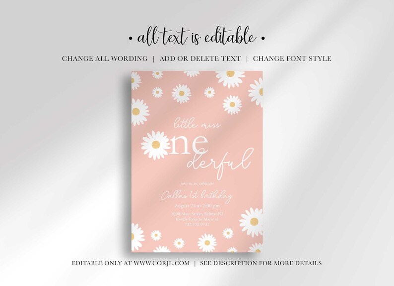 Infographic noting all text on the invitation is editable, including wording, added or deleted text, and font style, edited only at Corjl.com.
