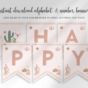 Graphic titled "Instant download alphabet & number banner" — edit right in your web browser to spell anything you want — showing six western cactus-themed pennant flags spelling "HAPPY."