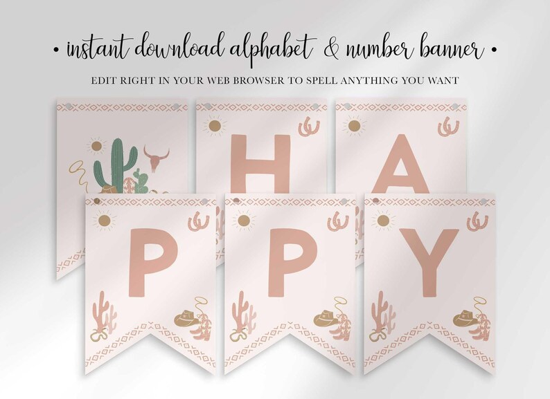 Graphic titled "Instant download alphabet & number banner" — edit right in your web browser to spell anything you want — showing six western cactus-themed pennant flags spelling "HAPPY."