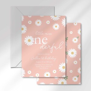 Printed Little Miss Onederful pink daisy first birthday invitation with matching daisy print envelope and backing card.