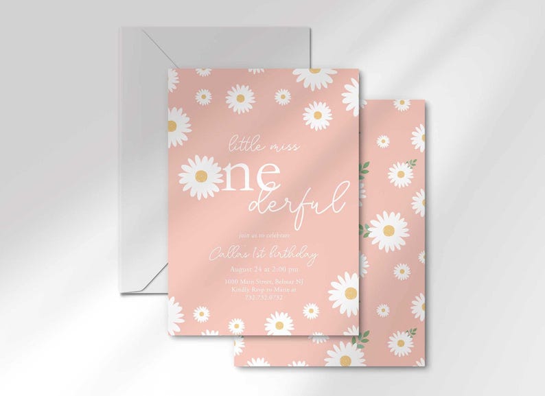 Printed Little Miss Onederful pink daisy first birthday invitation with matching daisy print envelope and backing card.