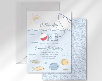 Angeln Erster Geburtstagseinladung: Aquarell Fisch, editierbar (Digitaler Download)