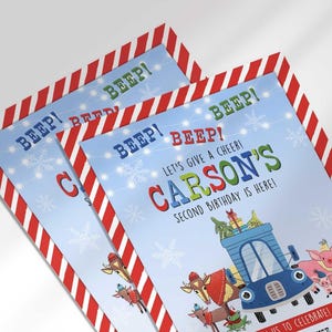 An angled close-up view of Carson's winter truck-themed birthday invitation, showing the 'Beep! Beep!' title and candy cane striped border.