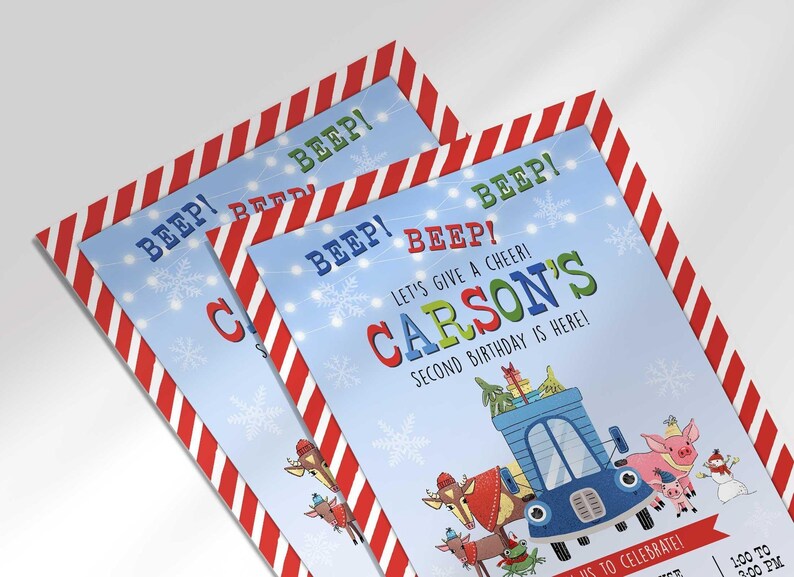 An angled close-up view of Carson's winter truck-themed birthday invitation, showing the 'Beep! Beep!' title and candy cane striped border.