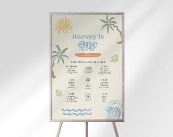 Retro Surf First Birthday Milestone Board: 1st Year Stat Chart (Digital Download)