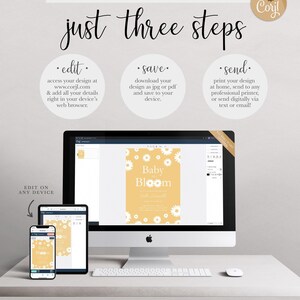 Graphic explaining the 'just three steps' process: edit your design at Corjl.com in your browser, save it as a JPG or PDF, and send it by printing at home, using a professional printer, or sending digitally, shown with the design displayed on a desktop computer, tablet, and phone.